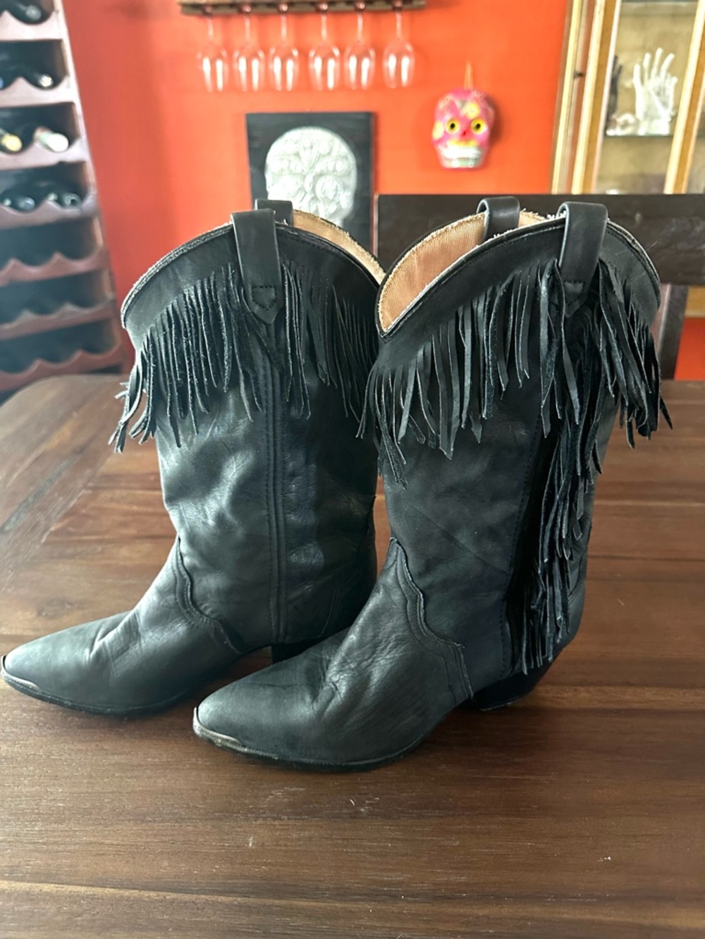 ACME vintage steel toe black fringe boots.